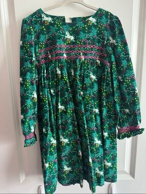 Mini Boden Green Floral Unicorn Smocked Long-Sleeve Dress